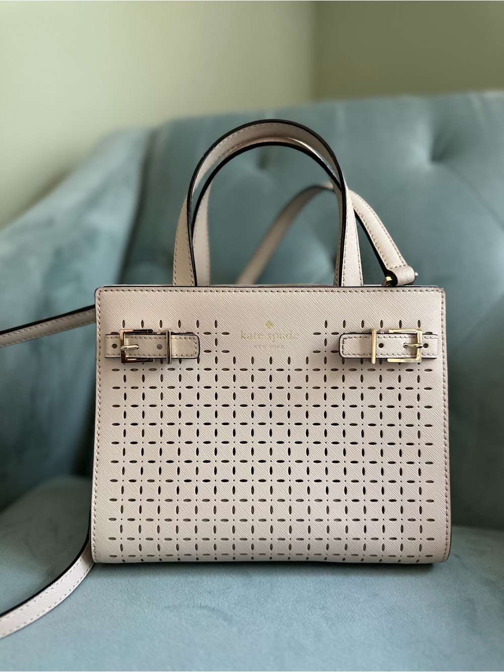 kate spade small Cream Perforated Leather Satchel with Gold Hardware